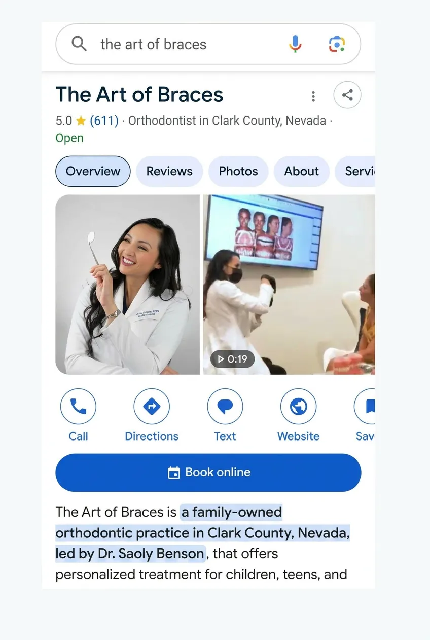 Reserve with Google Book Online button listing for The Art of Braces